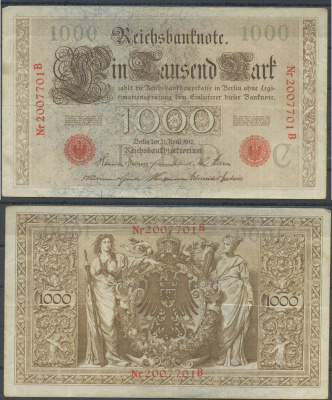 Германия 1000 марок 1910 7 значный номер Pick 44 b бумага 6287-5-2-1