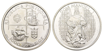 Португалия 1000 эскудо 1998 Король Мануэл I KM 713 серебро BU 1088-4-13