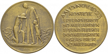 Германия медаль 1923 гиперинфляция, цены на продукты 15 ого ноября в Саксонии, 9,65 гр, 32 мм бронза 413-3133
