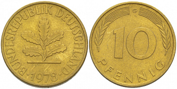 ФРГ 10 ПФЕННИГОВ 1978 G KM 108, J.383 сталь плакированная латунью 3996-635