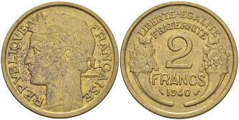 ФРАНЦИЯ 2 ФРАНКА 1940 ТИП MORLON KM 886, LE FRANC 268.13 алюминиевая бронза 180-1135