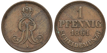 Ганновер 1 пфенниг 1861 B, Георг V KM 233, AKS 156, J. 90 медь 4594-248