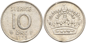 Швеция 10 эре 1955 Густав VI Адольф (1950-1973) KM 823 серебро 4147-914