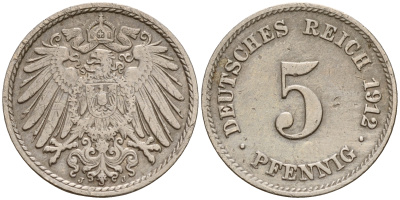 Германия 5 пфеннигов 1912 J J.12, KM 11 медно-никель    4598-1145