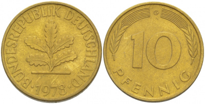 ФРГ 10 ПФЕННИГОВ 1978 G KM 108, J.383 сталь плакированная латунью 3996-635