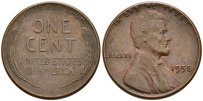 США 1 цент 1958 Линкольн KM А132 медь цинк 4564-314