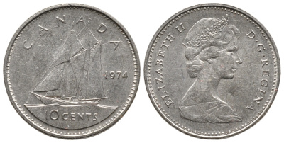 КАНАДА 10 ЦЕНТОВ 1974 ПАРУСНИК, ЕЛИЗАВЕТА II KM 77.1 никель 73-1729