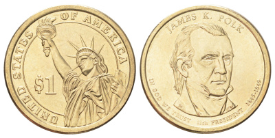 США 1 доллар 2009 Президент США - Джеймс Нокс Полк (1845-1849) KM 452 медь с марганцево-латунным покрытием UNC 4666-951