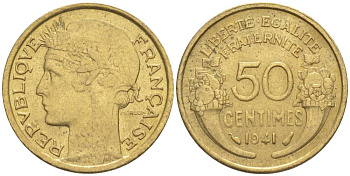 ФРАНЦИЯ 50 САНТИМОВ 1941 ТИП MORLON KM 894.1, LE FRANC 192.18 алюминиевая бронза 44-545