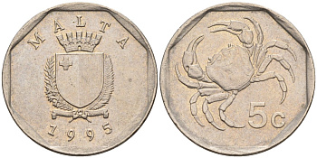 Мальта 5 центов 1993 краб KM 95 медно-никель 4588-128