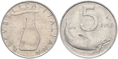 Италия 5 лир 1998 R, дельфин KM 92 алюминий  UNC  4594-937