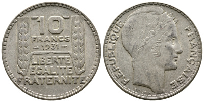 Франция 10 франков 1934 Пьер Тюрен KM 878, Le Franc 360.7 серебро 93-417