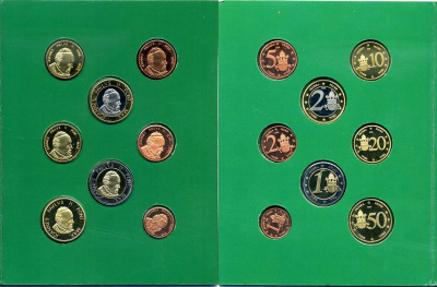 Ватикан набор из 8 монет 2005 1 евроцент-2 евро, европробники, в оригинальном буклете, Иоанн Павел II BUNC 00-00-00
