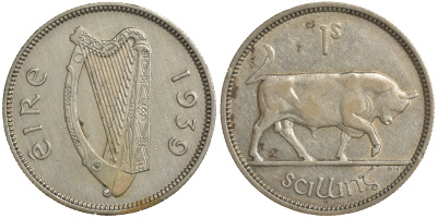 Ирландия 1 шиллинг 1939 бык KM 14 серебро 272-122