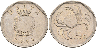 Мальта 5 центов 1993 краб KM 95 медно-никель 4588-128
