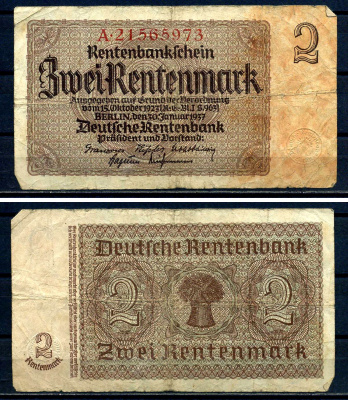 Германия 2 рентенмарки 1937 Pick 174 b бумага 8621-47-3-2