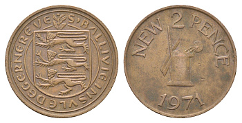 Гернси 2 новых пенса 1971 Елизавета II (1952-2022), ветряная мельница KM 22 бронза 4703-1055