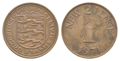 Гернси 2 новых пенса 1971 Елизавета II (1952-2022), ветряная мельница KM 22 бронза 4703-1055