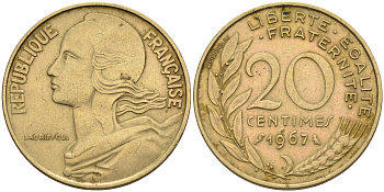 Франция 20 сантимов 1967 тип Марианна KM 930 медь алюминий никель 4116-516