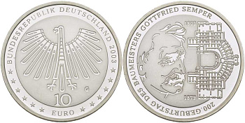 ФРГ 10 евро 2003 G, 200 лет Готфриду Земперу KM 227, DE.S. 10.11 серебро PROOF 413-5124