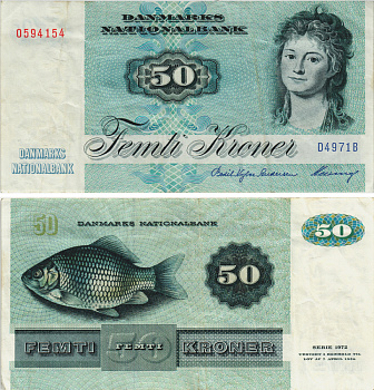 Дания 50 крон 1996-1998 СЕРИЯ D4, РЫБА Pick 50f бумага 8604-26-1-1