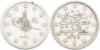 ТУРЦИЯ 2 КУРУША 1909 1327/1 ГОД, МУХАММАД V (1909-1918) ОСМАНСКАЯ ИМПЕРИЯ KM 749 серебро 110-455