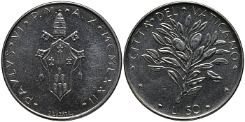 Ватикан 50 лир 1972 Павел VI (1963-1978) KM 121 нержавеющая сталь UNC 4175-313
