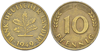 ФРГ 10 ПФЕННИГОВ 1949 F KM 103, J. 378 сталь плакированная латунью 4182-726