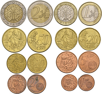 Франция евронабор из 8 монет 1999 (1, 2, 5, 10, 20, 50 ЕВРОЦЕНТОВ, 1, 2 ЕВРО) KM 1282, 1283, 1284, 1285, 1286, 1287, 1288, 1289 биметалл N6-22
