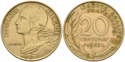 Франция 20 сантимов 1967 тип Марианна KM 930 медь алюминий никель 4116-516