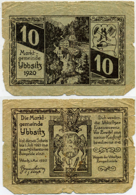 ИБЗИЦ, АВСТРИЯ 10 ГЕЛЛЕРОВ 1920 НОТГЕЛЬД, ЯРМАРОЧНАЯ КОММУНА В АВСТРИИ бумага 445-61-2-1