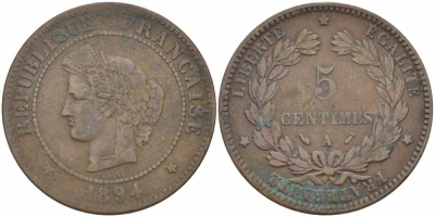 ФРАНЦИЯ 5 САНТИМОВ 1894 А, ТРЕТЬЯ РЕСПУБЛИКА (1871-1940) KM 821.1, LE FRANC 118.37 бронза 108-643