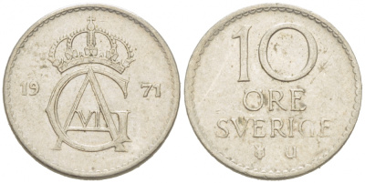 Швеция 10 эре 1971 U, Густав VI Адольф (1950-1973) КМ 835 медно-никель 3955-332