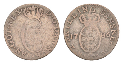 Норвегия 2 скиллинга 1786 HIAB, Кристиан VII (1766-1808) KM 255 серебро 413-2311