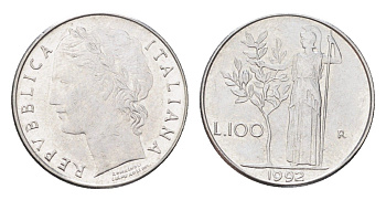 Италия 100 лир 1992 R, Афина в доспехах KM 96.2 нержавеющая сталь 4705-166