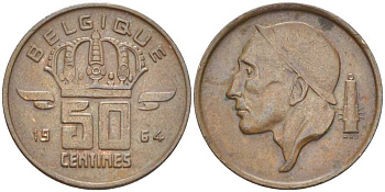 БЕЛЬГИЯ 50 САНТИМОВ 1964 BELGIQUE, БОДУЭН I (1951-1993) KM 148.1 бронза 206-167