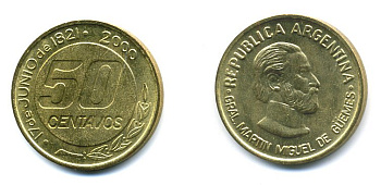 Аргентина 50 сентаво 2000 179 лет со дня смерти генерала Мартина Мигела де Гемеса KM 129 алюминиевая бронза  UNC   29-836