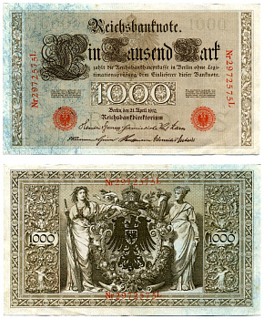 Германия 1000 марок 1910 21 апреля 1910, буква S, номер семизначный, серия L, выпуск (08.1922) Pick 44b, Розенберг 45с бумага 8618-13-1-2