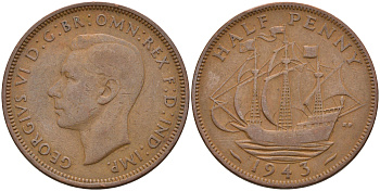 Великобритания 1/2 пенни 1943 Георг VI (1936-1952) KM 844, Spink 4115 бронза 4592-341