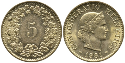 Швейцария 5 раппенов 1981 KM 26с алюминий латунь 4528-651