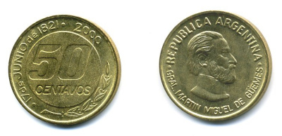 Аргентина 50 сентаво 2000 179 лет со дня смерти генерала Мартина Мигела де Гемеса KM 129 алюминиевая бронза  UNC   29-836