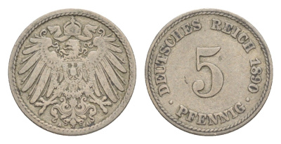 Германия 5 пфеннигов 1890 A, Вильгельм II (1888-1918) KM 11, J. 12 медно-никель 4639-1256