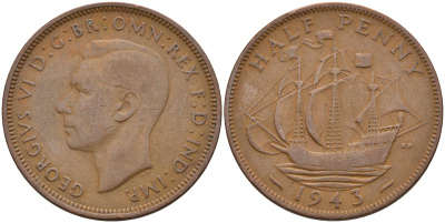 Великобритания 1/2 пенни 1943 Георг VI (1936-1952) KM 844, Spink 4115 бронза 4592-341