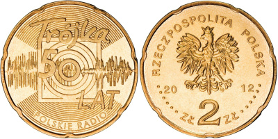 Польша 2 злотых 2012 MW, 50 лет радио "тройка" KM 816 нордик UNC 4513-814
