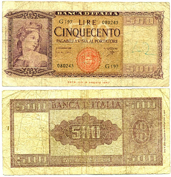 Италия 500 лир 1947 Pick 80a бумага 6289-32-3-1