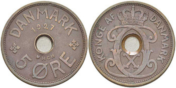 ДАНИЯ 5 ЭРЕ 1927 NCN; GJ, КРИСТИАН X (1912-1947) KM 828.1 бронза 180-1224