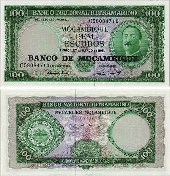 Мозамбик 100 эскудо 1961 (1976) надпечатка на 1961, Айрес де Орнелас  Pick 117 a бумага UNC (пресс) 8604-1-2-2