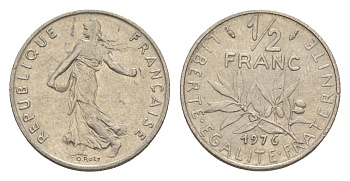 Франция 1/2 франка 1976 KM 931 никель 4174-847