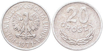 Польша 20 грошей 1971 Y A47 алюминий 4614-639