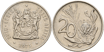 ЮАР 20 центов 1975 герб, цветок протея KM 86  никель    4601-857